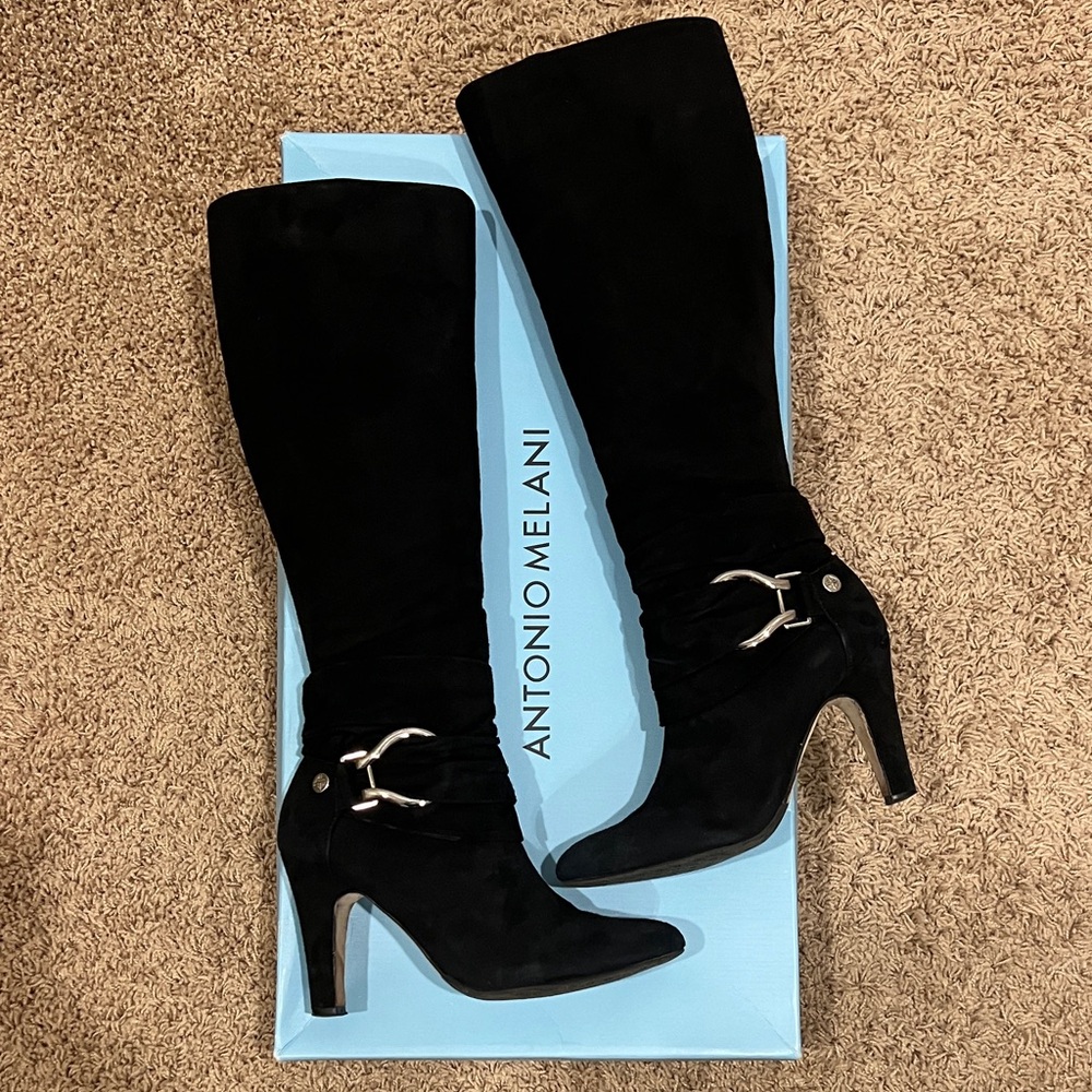 ANTONIO MELANI Black Suede Heeled Boots with Silver Buckle Detail Juliane
